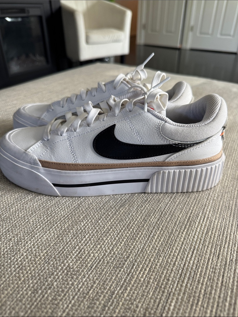 Nike Women’s White Sneakers with Black Swoosh and Tan Trim